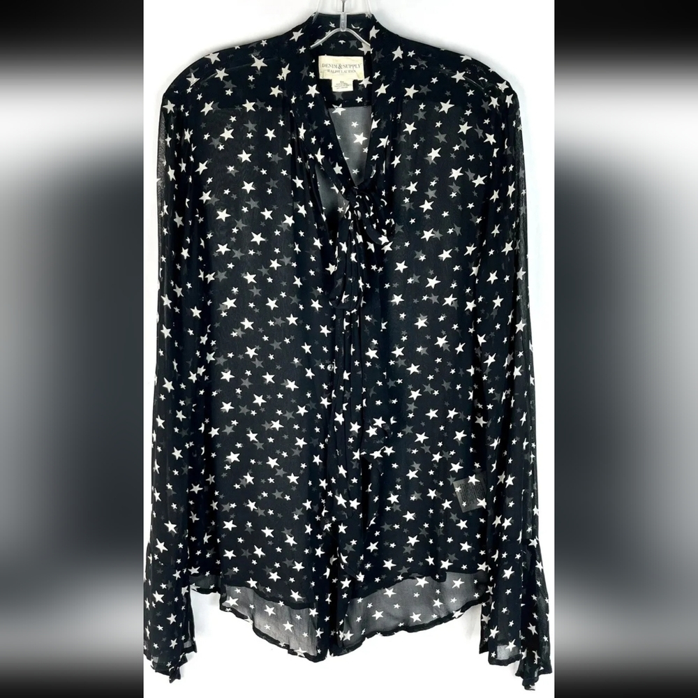 Ralph Lauren Denim & Supply Black Star Print Bell Sleeve Chiffon Button Down Top